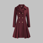 Double-Breasted Trench Coat Women's Burgundy Pleated Lapel Long Sleeve – Office, Casual, Winter, Gift
