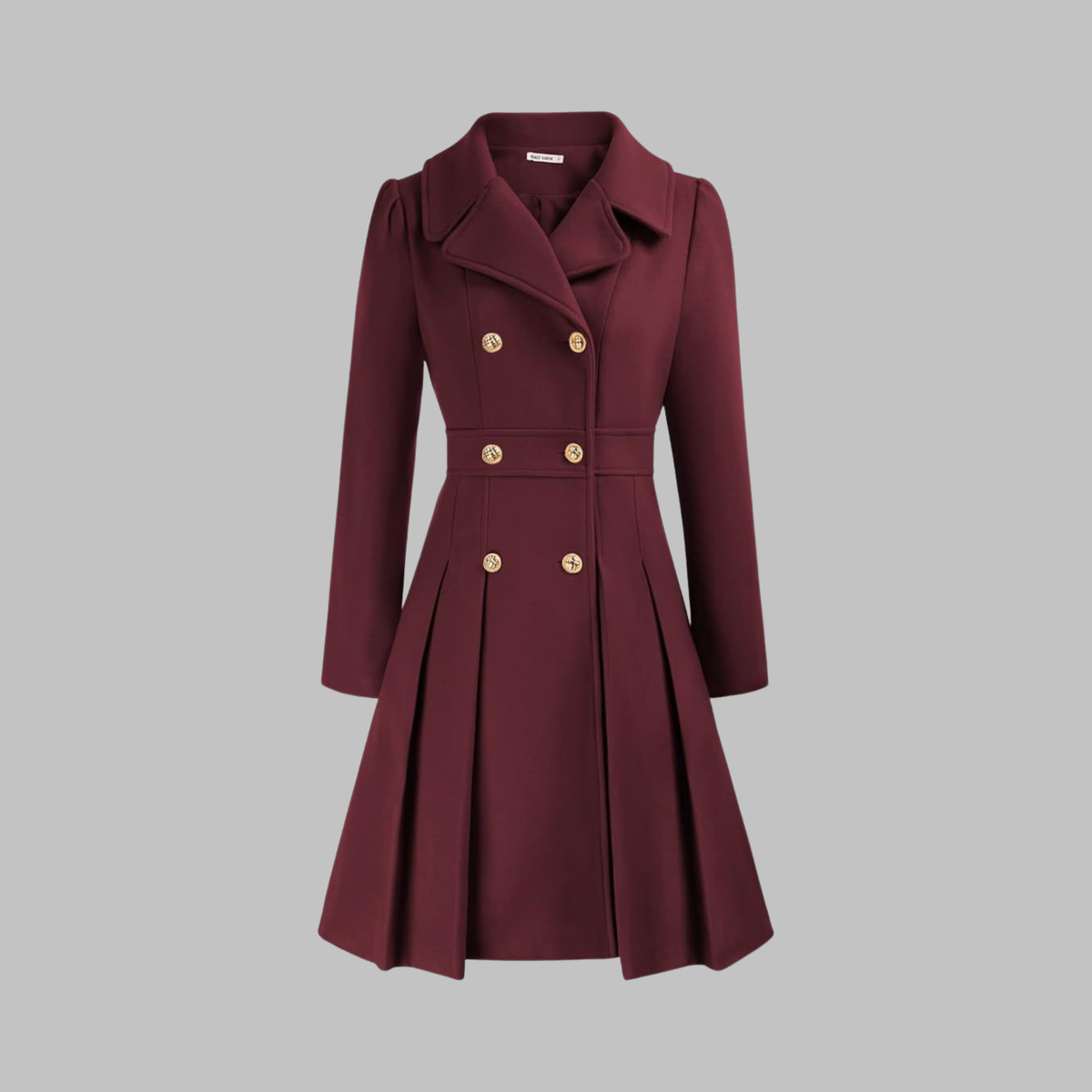 Double-Breasted Trench Coat Women's Burgundy Pleated Lapel Long Sleeve – Office, Casual, Winter, Gift