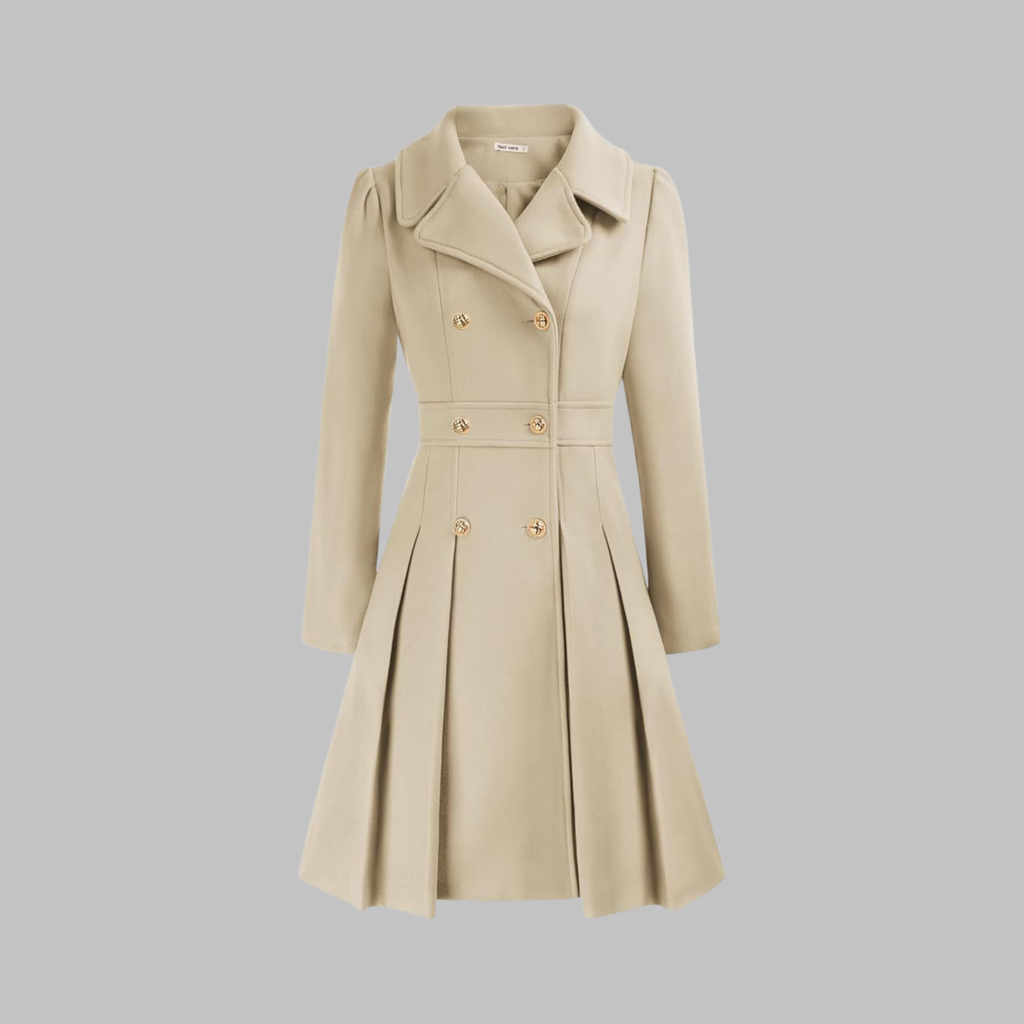 Double-Breasted Trench Coat Women's Burgundy Pleated Lapel Long Sleeve – Office, Casual, Winter, Gift