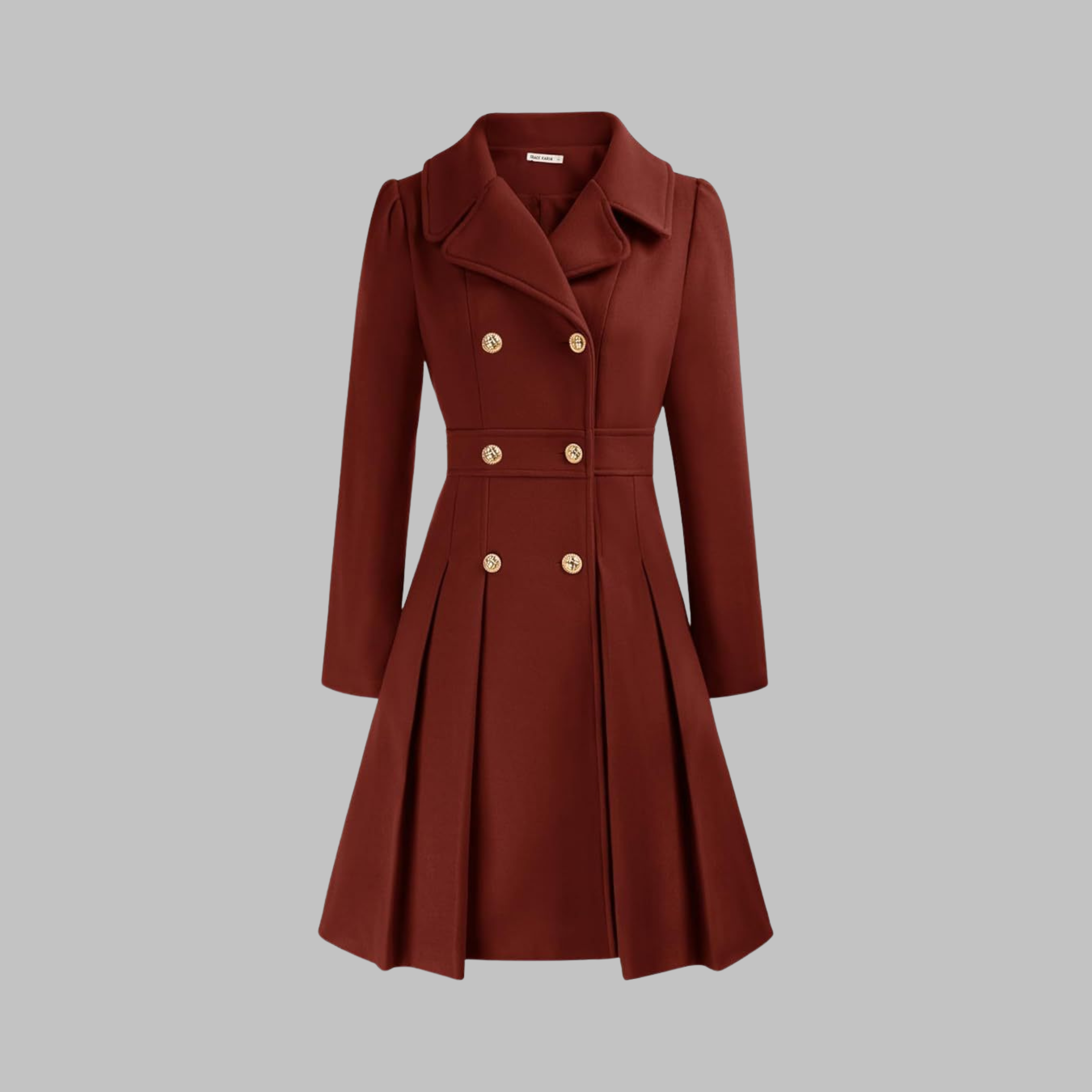 Double-Breasted Trench Coat Women's Burgundy Pleated Lapel Long Sleeve – Office, Casual, Winter, Gift