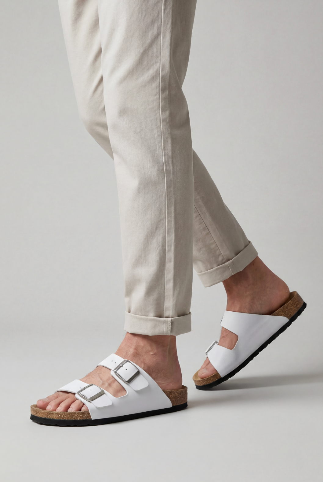 Double Buckle Sandals White Cork Footbed Men's – Casual, Summer, Holiday, Everyday Comfort