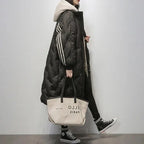 Down Jacket Longline Quilted Blue Women's Hooded Puffer Coat – Casual, Winter Warm Outerwear