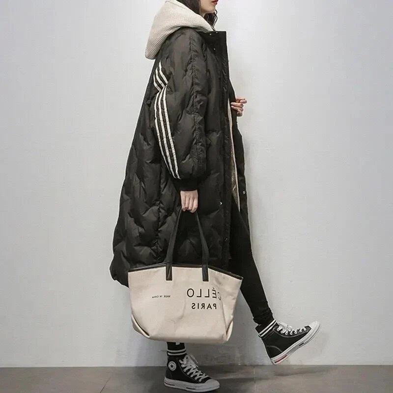 Down Jacket Longline Quilted Blue Women's Hooded Puffer Coat – Casual, Winter Warm Outerwear