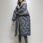 Down Jacket Longline Quilted Blue Women's Hooded Puffer Coat – Casual, Winter Warm Outerwear