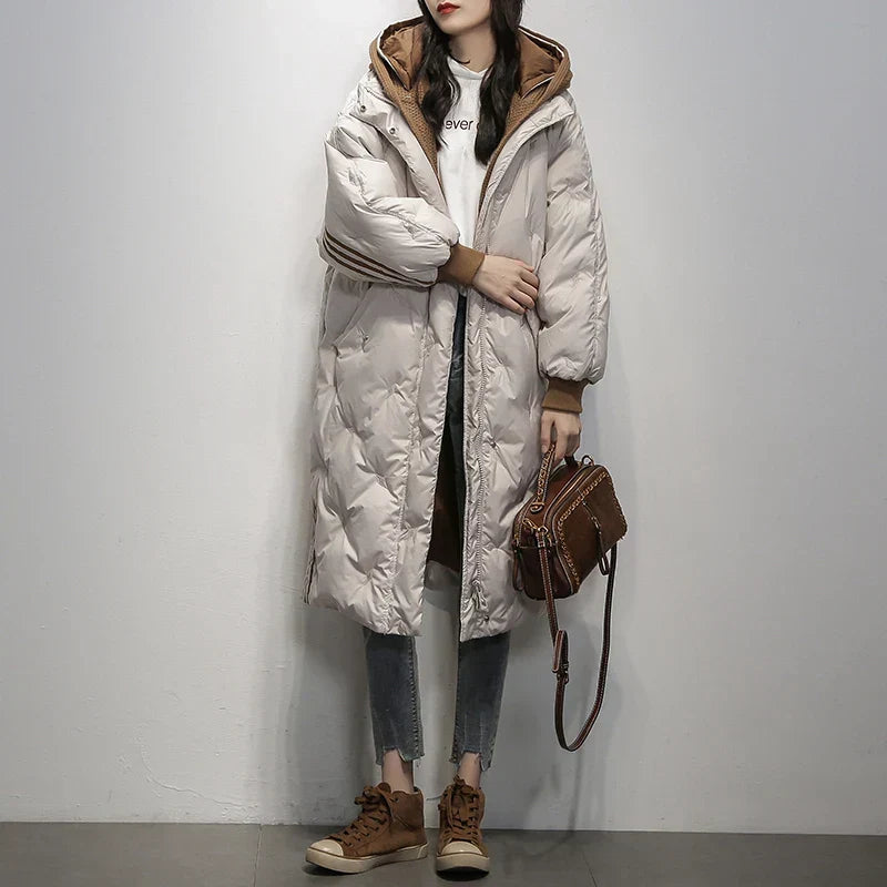 Down Jacket Longline Quilted Blue Women's Hooded Puffer Coat – Casual, Winter Warm Outerwear