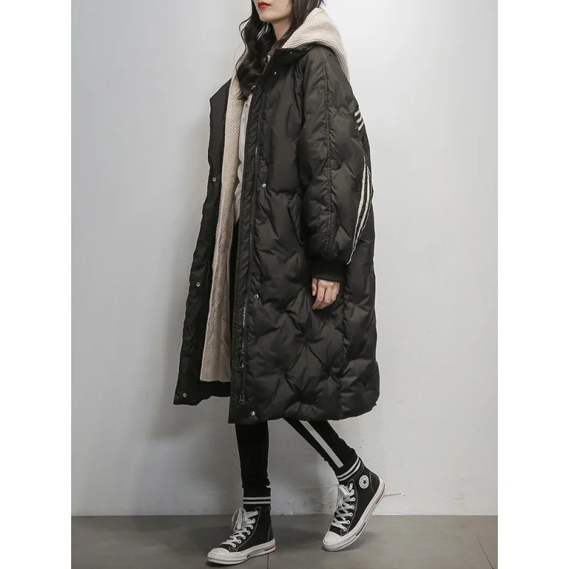 Down Jacket Longline Quilted Blue Women's Hooded Puffer Coat – Casual, Winter Warm Outerwear
