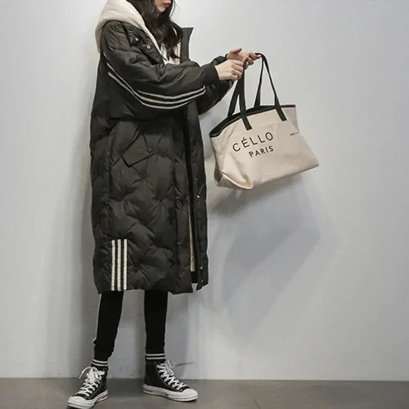 Down Jacket Longline Quilted Blue Women's Hooded Puffer Coat – Casual, Winter Warm Outerwear
