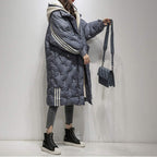Down Jacket Longline Quilted Blue Women's Hooded Puffer Coat – Casual, Winter Warm Outerwear