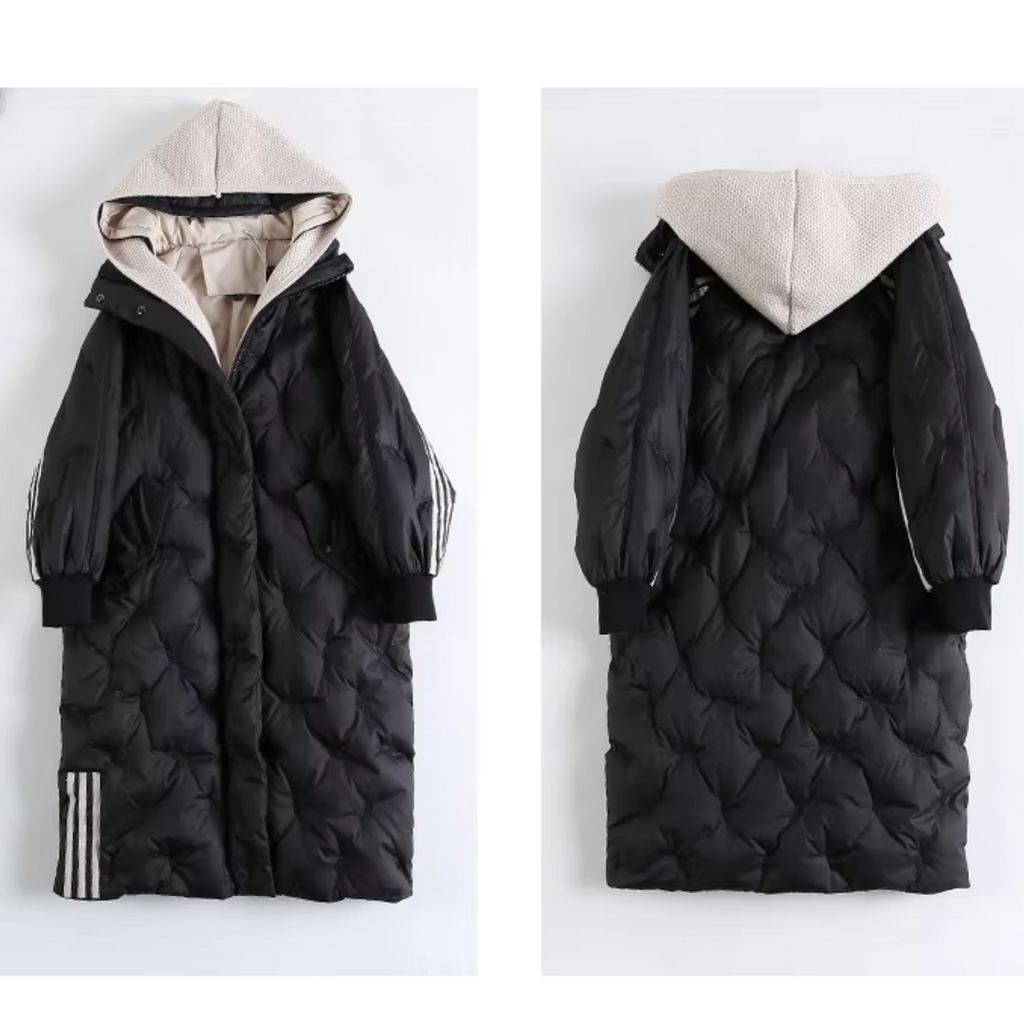 Down Jacket Longline Quilted Blue Women's Hooded Puffer Coat – Casual, Winter Warm Outerwear