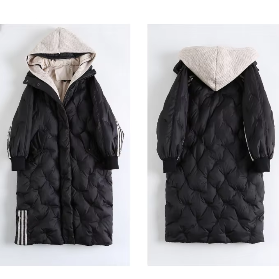 Down Jacket Longline Quilted Blue Women's Hooded Puffer Coat – Casual, Winter Warm Outerwear