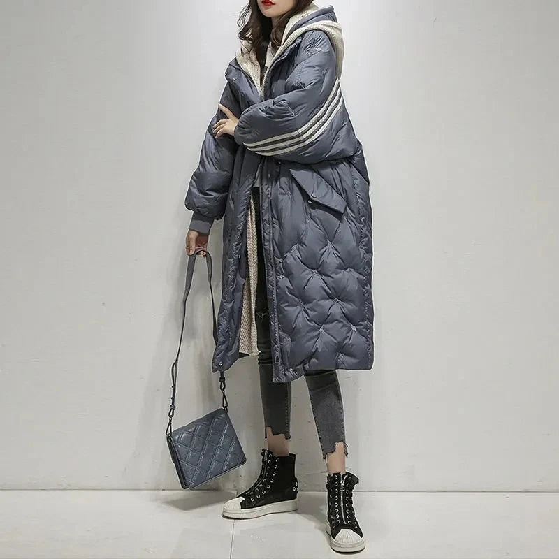 Down Jacket Longline Quilted Blue Women's Hooded Puffer Coat – Casual, Winter Warm Outerwear