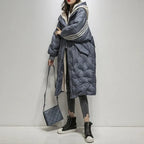Down Jacket Longline Quilted Blue Women's Hooded Puffer Coat – Casual, Winter Warm Outerwear