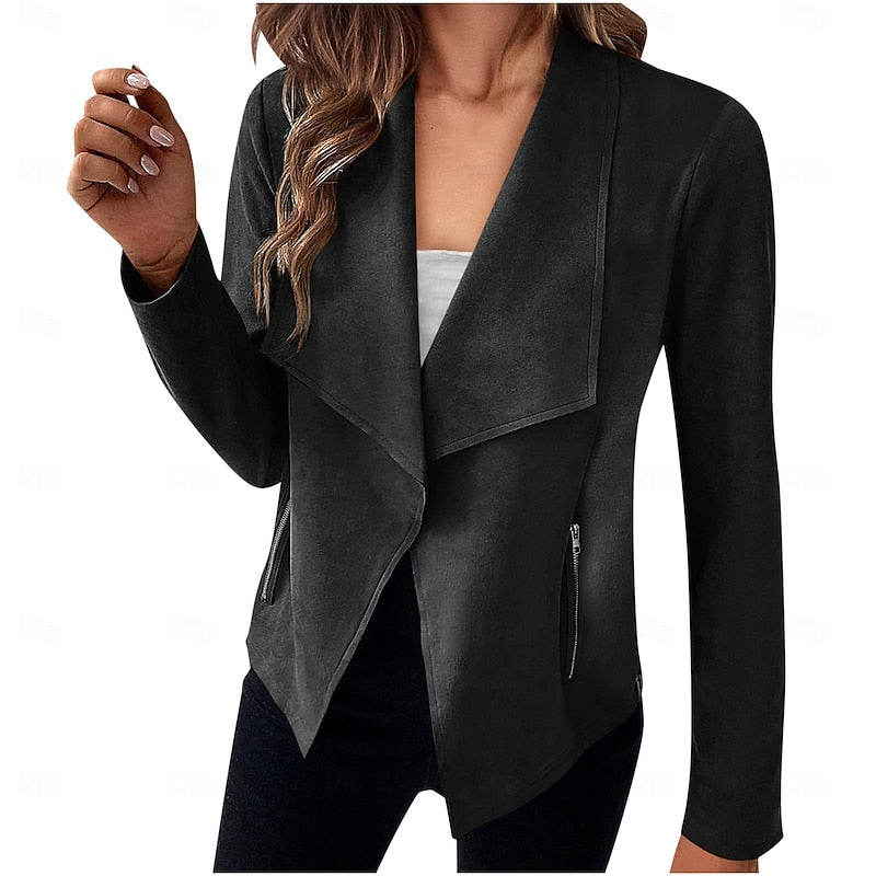 Draped Open-Front Jacket Suede Brown Women's Waterfall Collar – Casual, Office, Autumn Layering