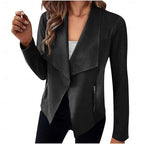 Draped Open-Front Jacket Suede Brown Women's Waterfall Collar – Casual, Office, Autumn Layering