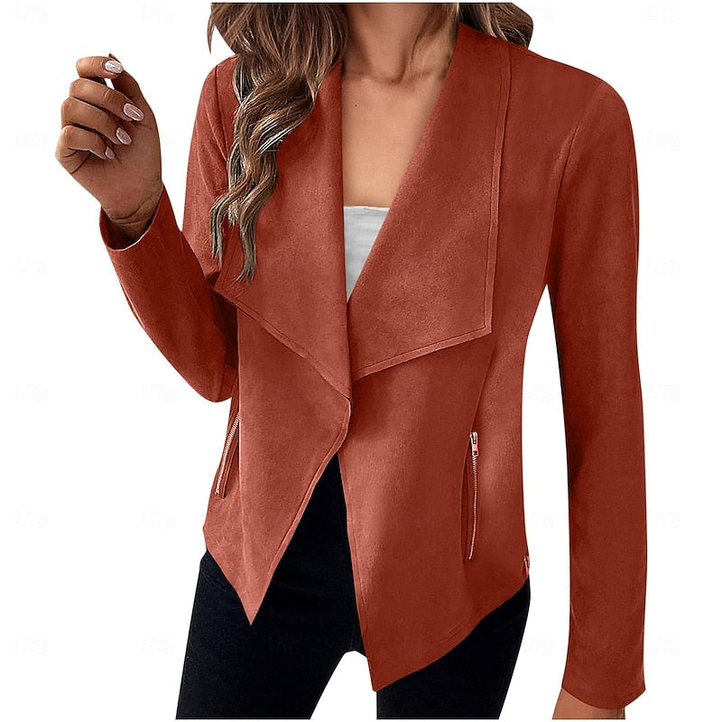 Draped Open-Front Jacket Suede Brown Women's Waterfall Collar – Casual, Office, Autumn Layering