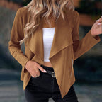 Draped Open-Front Jacket Suede Brown Women's Waterfall Collar – Casual, Office, Autumn Layering