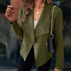 Draped Open-Front Jacket Suede Brown Women's Waterfall Collar – Casual, Office, Autumn Layering