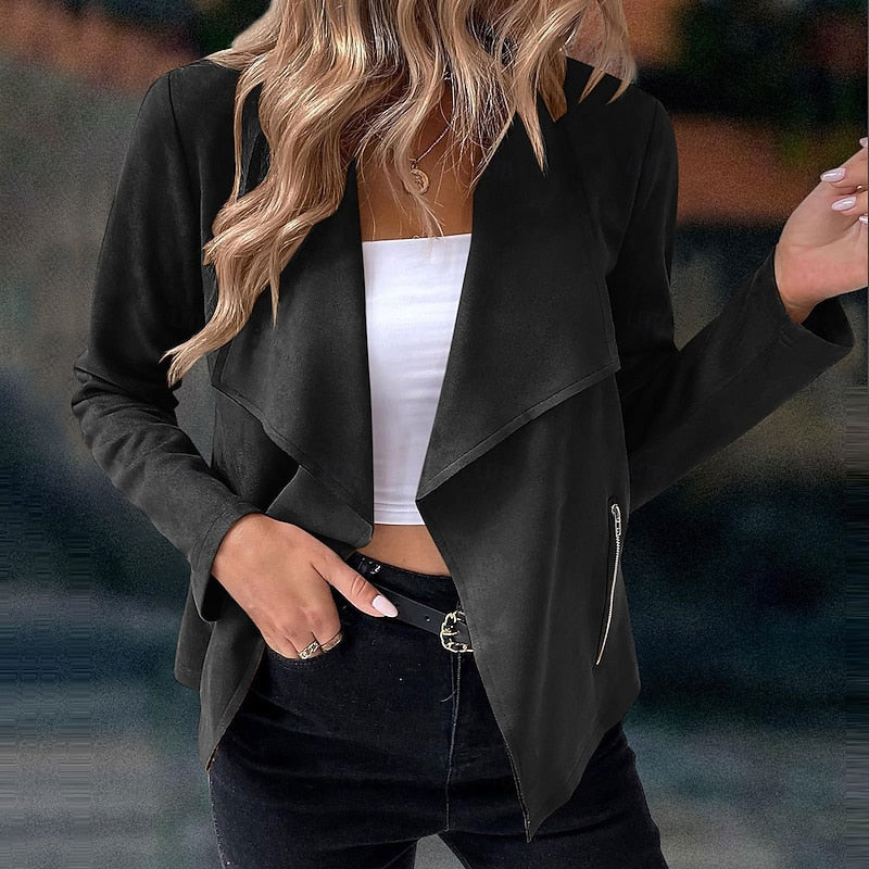 Draped Open-Front Jacket Suede Brown Women's Waterfall Collar – Casual, Office, Autumn Layering