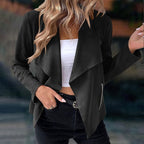 Draped Open-Front Jacket Suede Brown Women's Waterfall Collar – Casual, Office, Autumn Layering