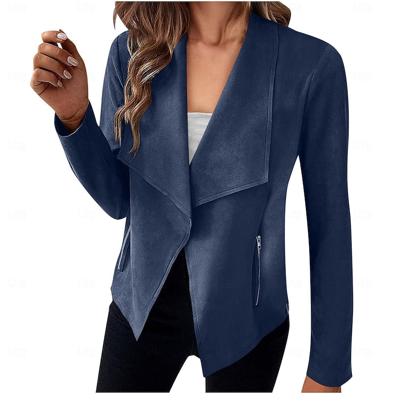 Draped Open-Front Jacket Suede Brown Women's Waterfall Collar – Casual, Office, Autumn Layering