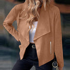Draped Open-Front Jacket Suede Brown Women's Waterfall Collar – Casual, Office, Autumn Layering