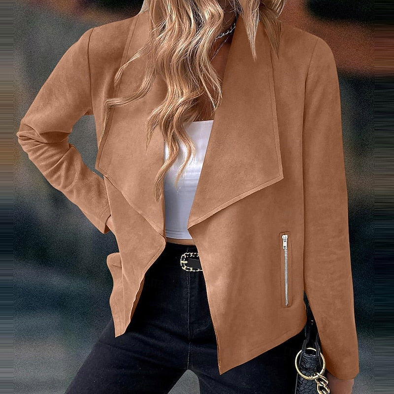 Draped Open-Front Jacket Suede Brown Women's Waterfall Collar – Casual, Office, Autumn Layering