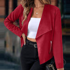 Draped Open-Front Jacket Suede Brown Women's Waterfall Collar – Casual, Office, Autumn Layering