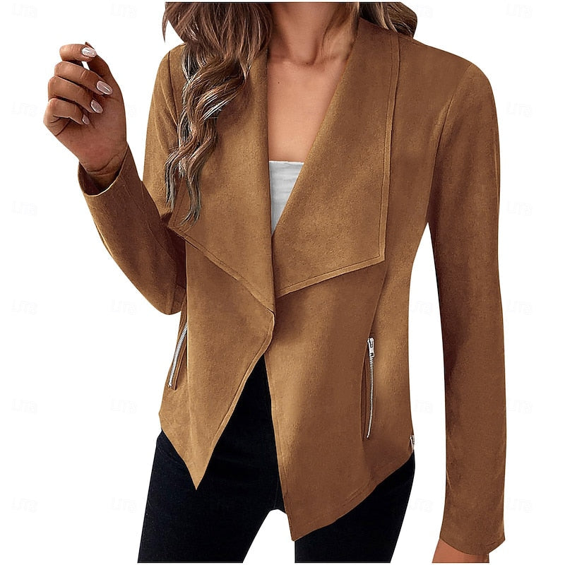 Draped Open-Front Jacket Suede Brown Women's Waterfall Collar – Casual, Office, Autumn Layering