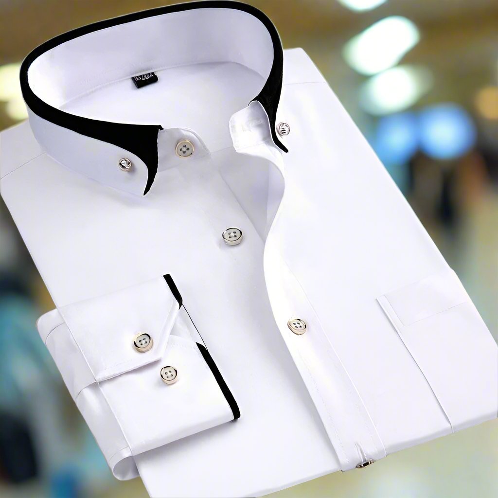 Dress Shirt Men's Long-Sleeve Black Cotton Blend Contrast Collar – Office, Formal, Casual, Gift