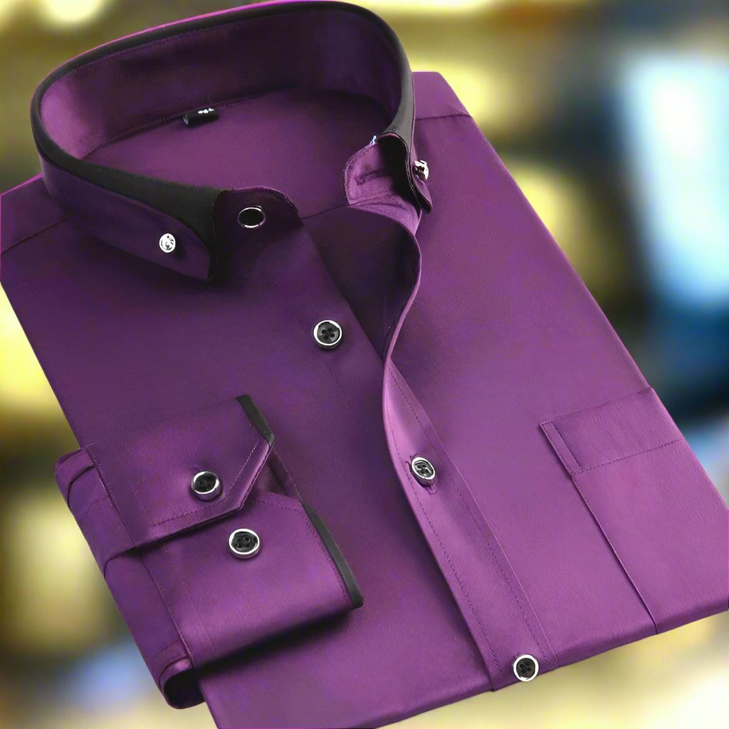 Dress Shirt Men's Long-Sleeve Black Cotton Blend Contrast Collar – Office, Formal, Casual, Gift