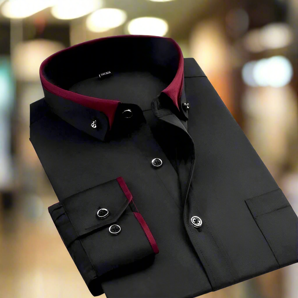 Dress Shirt Men's Long-Sleeve Black Cotton Blend Contrast Collar – Office, Formal, Casual, Gift