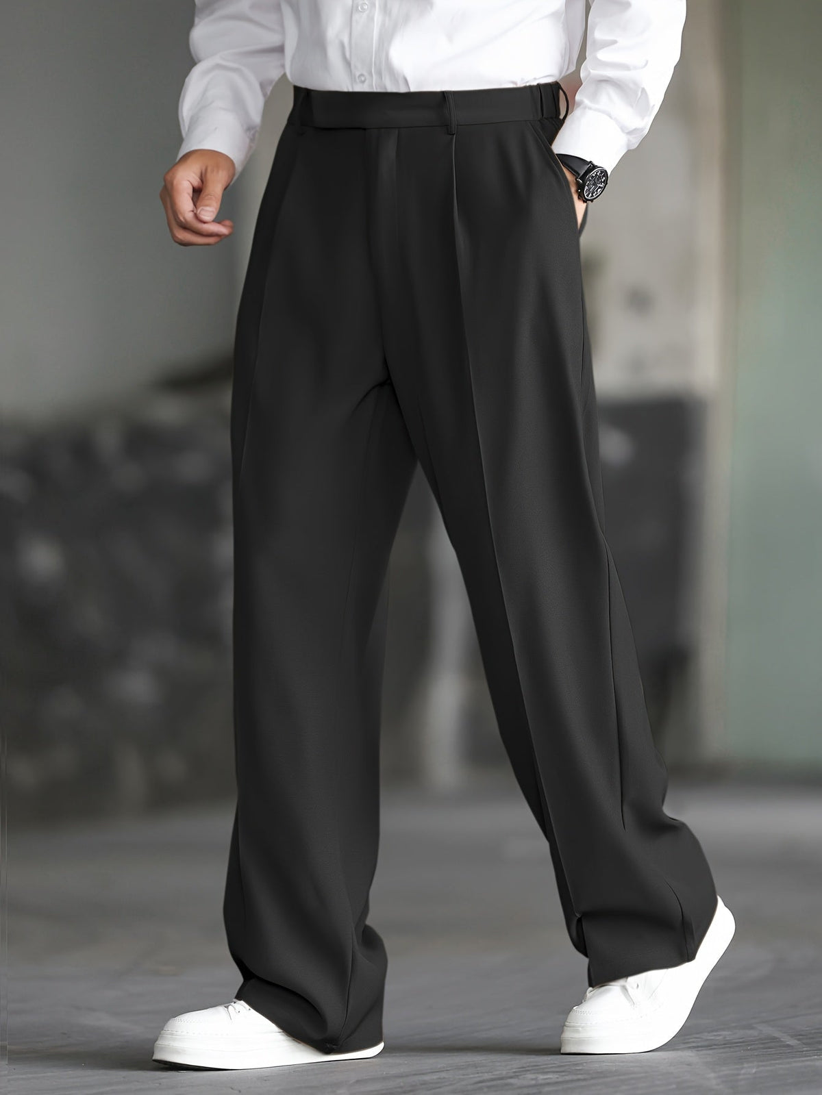 Dress Trousers Wide-Leg Pleated Black Men's – Office, Casual, Formal, Everyday Smart Wear