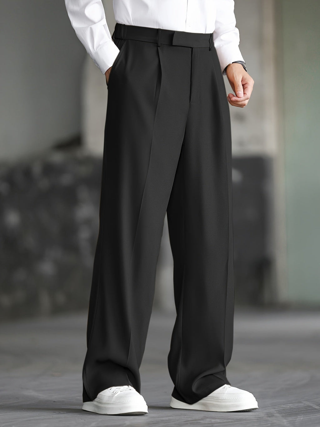 Dress Trousers Wide-Leg Pleated Black Men's – Office, Casual, Formal, Everyday Smart Wear