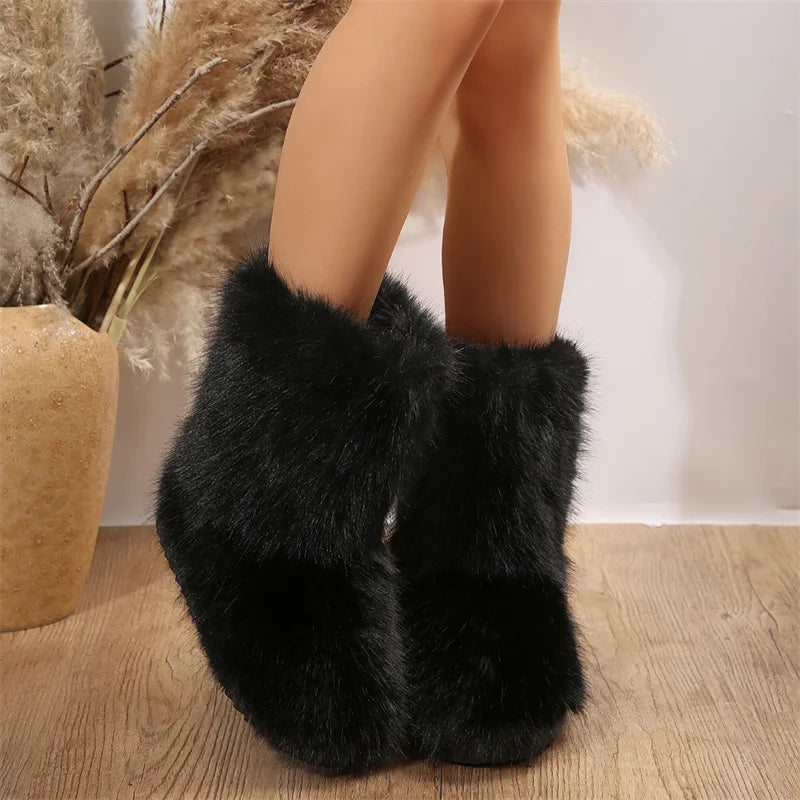 Faux Fur Ankle Boots Black Fleece Lined Women's – Winter, Casual, Warm Snow Booties, Holiday Gift