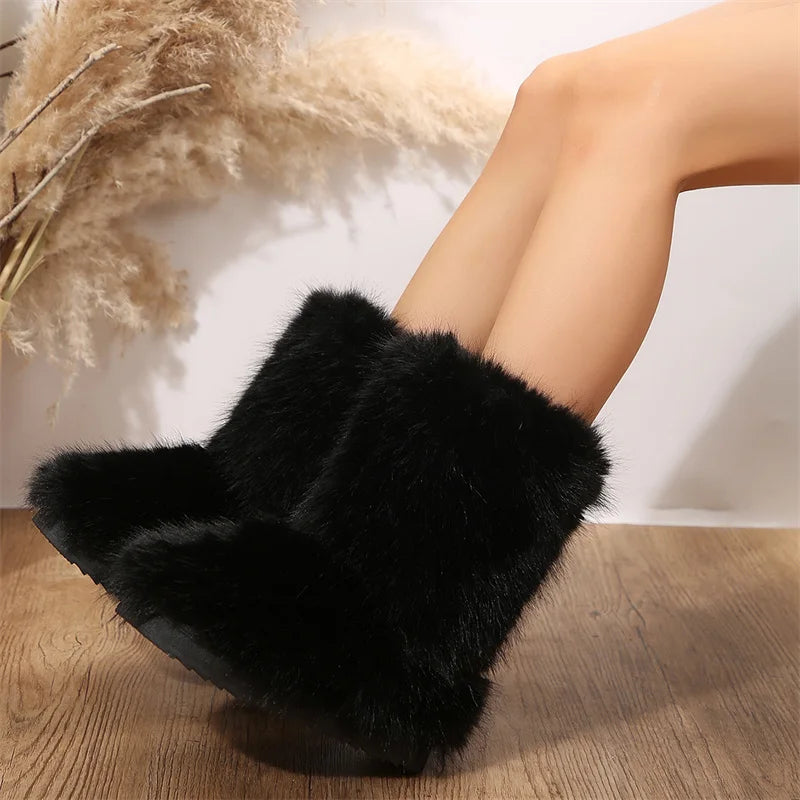 Faux Fur Ankle Boots Black Fleece Lined Women's – Winter, Casual, Warm Snow Booties, Holiday Gift