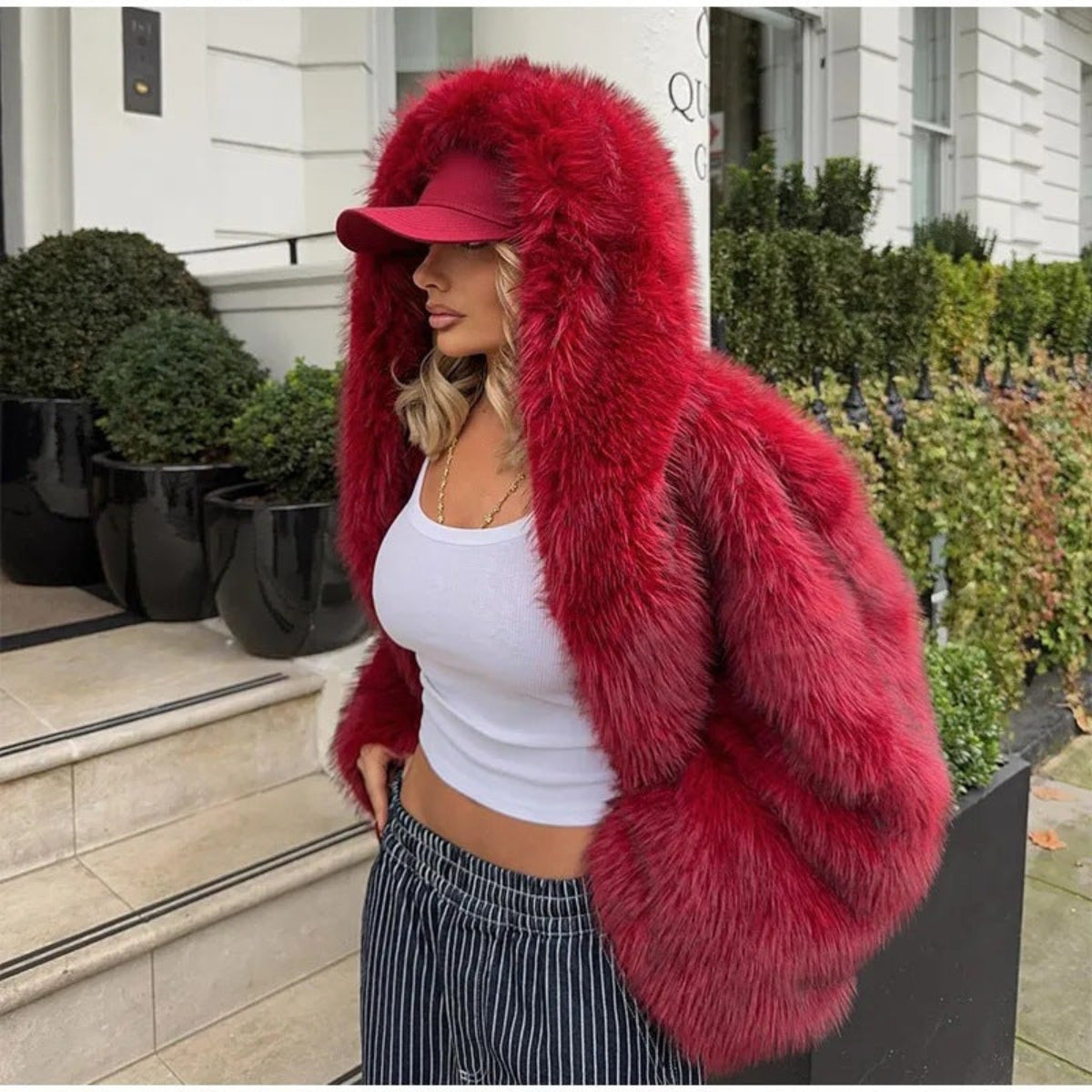 Faux Fur Hooded Coat Green Oversized Women's Long Sleeve – Casual, Holiday, Winter Statement Outerwear
