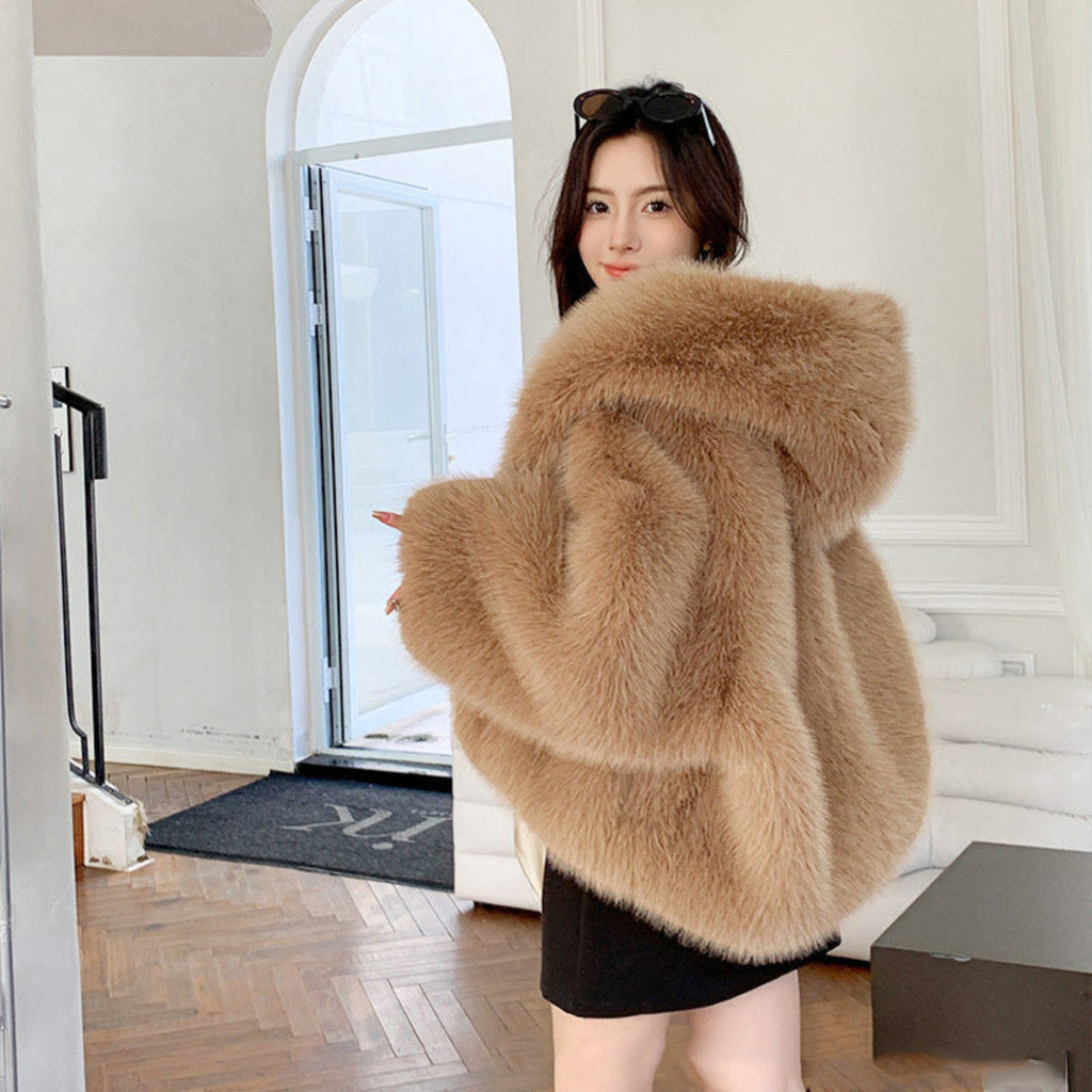 Faux Fur Hooded Coat Green Oversized Women's Long Sleeve – Casual, Holiday, Winter Statement Outerwear