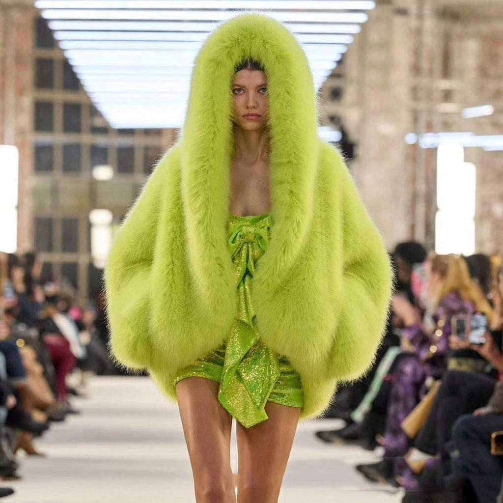 Faux Fur Hooded Coat Green Oversized Women's Long Sleeve – Casual, Holiday, Winter Statement Outerwear