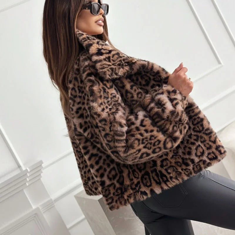 Faux Fur Jacket Leopard Print Women's Lapel Collar – Casual, Winter, Holiday, Gift