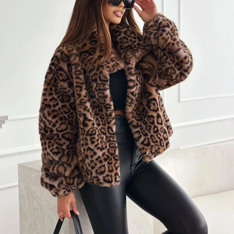 Faux Fur Jacket Leopard Print Women's Lapel Collar – Casual, Winter, Holiday, Gift