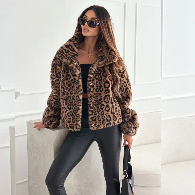Faux Fur Jacket Leopard Print Women's Lapel Collar – Casual, Winter, Holiday, Gift