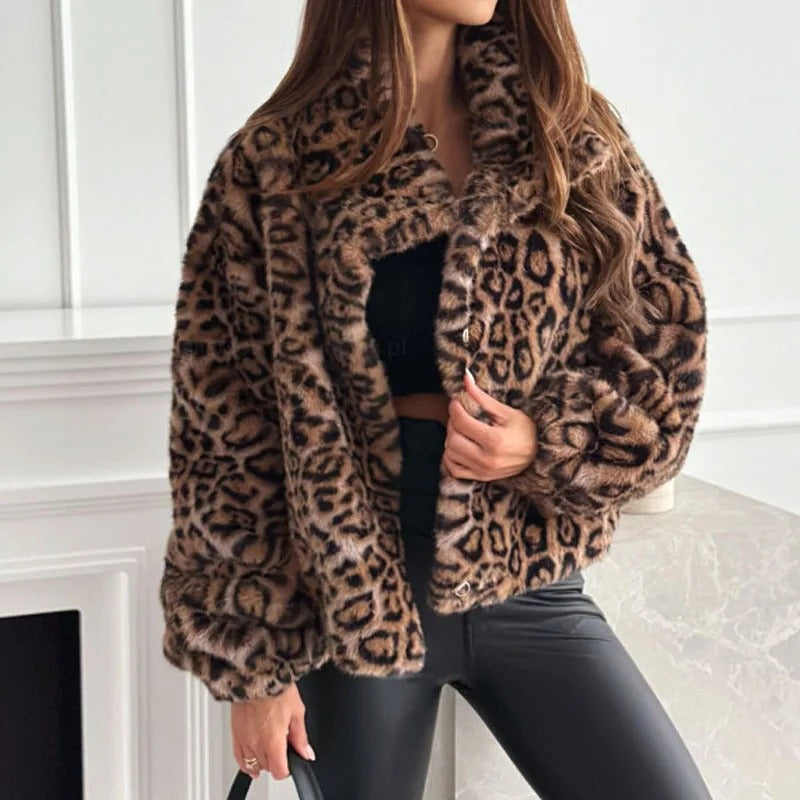 Faux Fur Jacket Leopard Print Women's Lapel Collar – Casual, Winter, Holiday, Gift