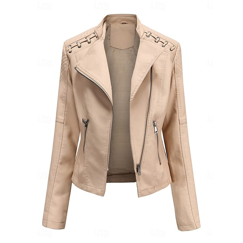 Faux Leather Biker Jacket Black Women's Zip-Up Moto Coat – Casual, Office, Holiday, Gift