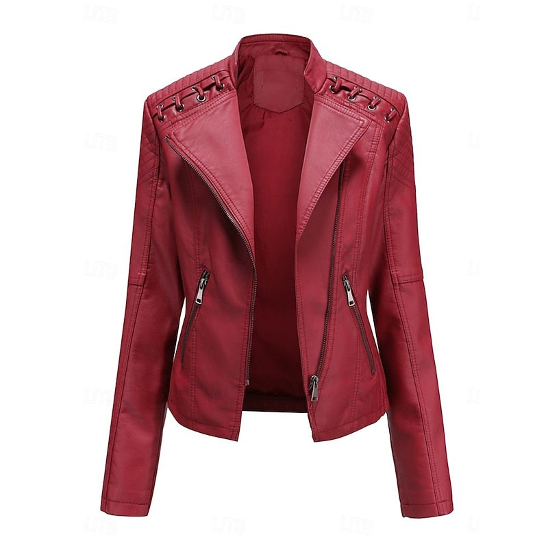 Faux Leather Biker Jacket Black Women's Zip-Up Moto Coat – Casual, Office, Holiday, Gift