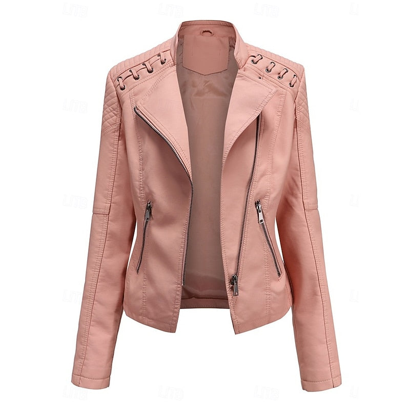 Faux Leather Biker Jacket Black Women's Zip-Up Moto Coat – Casual, Office, Holiday, Gift