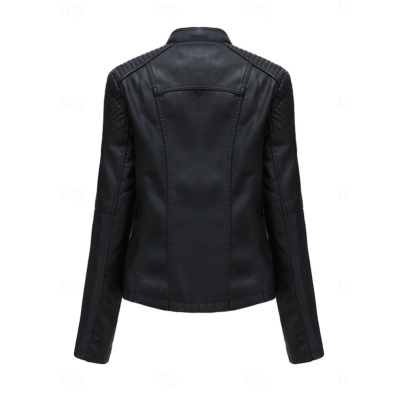 Faux Leather Biker Jacket Black Women's Zip-Up Moto Coat – Casual, Office, Holiday, Gift