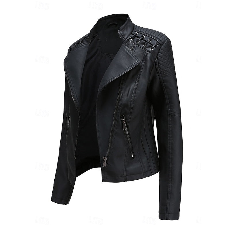 Faux Leather Biker Jacket Black Women's Zip-Up Moto Coat – Casual, Office, Holiday, Gift