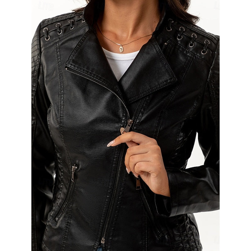 Faux Leather Biker Jacket Black Women's Zip-Up Moto Coat – Casual, Office, Holiday, Gift