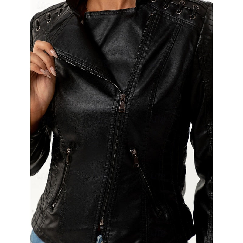 Faux Leather Biker Jacket Black Women's Zip-Up Moto Coat – Casual, Office, Holiday, Gift