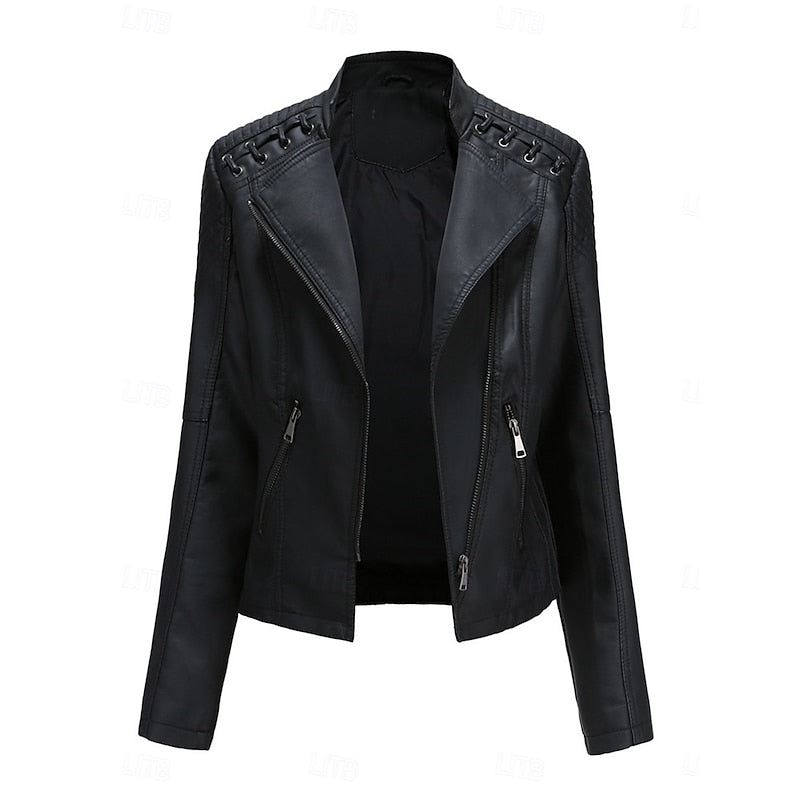 Faux Leather Biker Jacket Black Women's Zip-Up Moto Coat – Casual, Office, Holiday, Gift